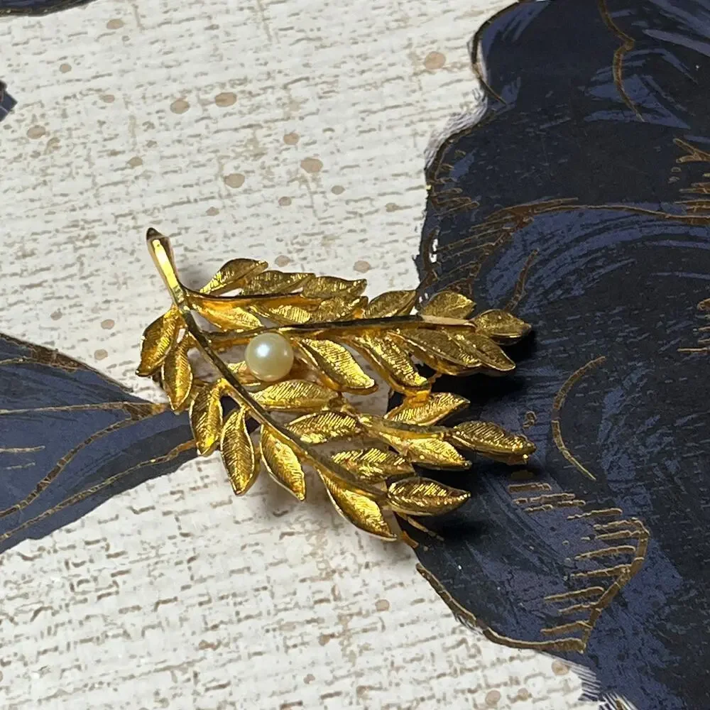 BSK Vintage Gold and Faux Pearl Leaf Brooch - Signed